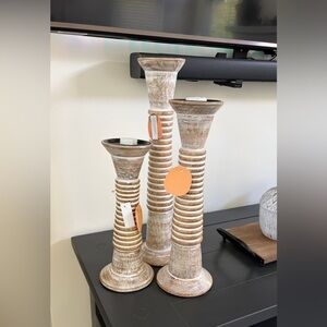 Set of Three Distressed Wooden Candle Holders